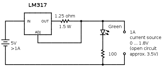 This is a constant current source circuit that uses the LM317 voltage regulator