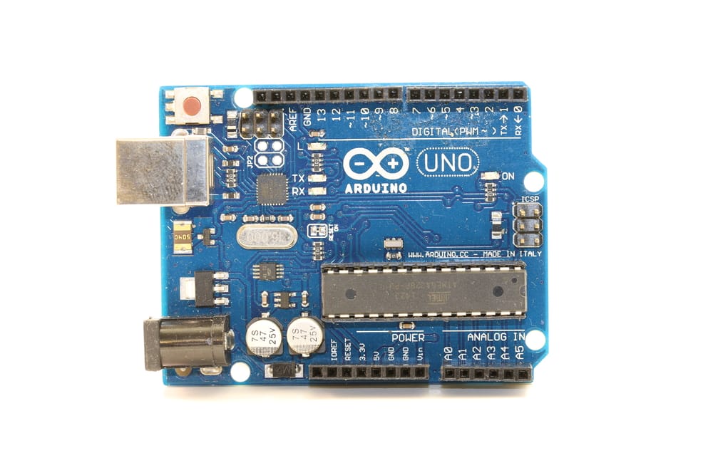 An Arduino UNO microcontroller. Note the connecting pins