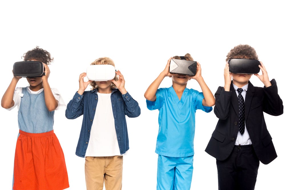 Children wearing virtual reality headsets