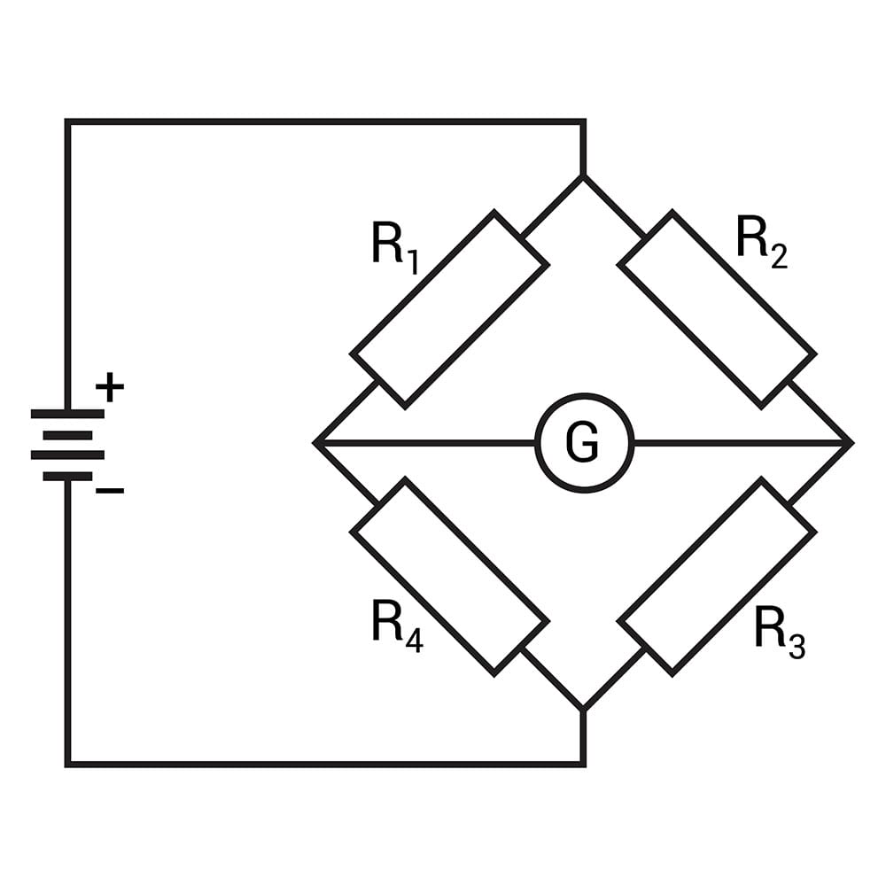 Wheatstone bridge in a load cell with four strain gauges, R1, R2, R3, and R4